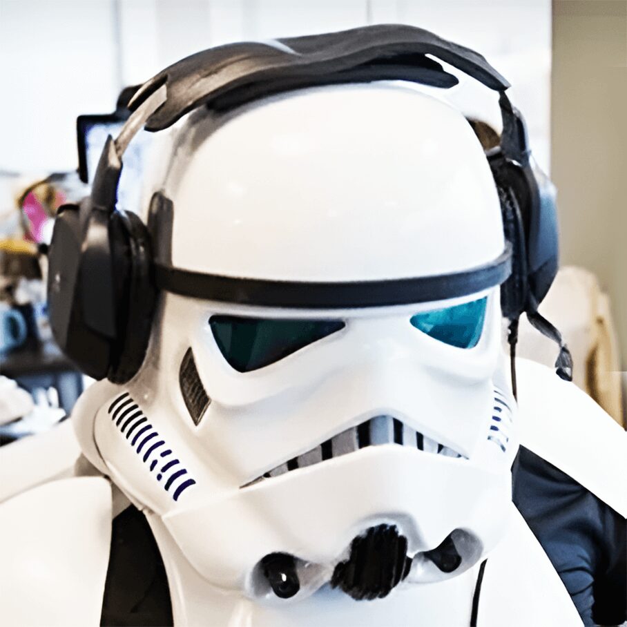 A stormtrooper helmet with headphones on it.