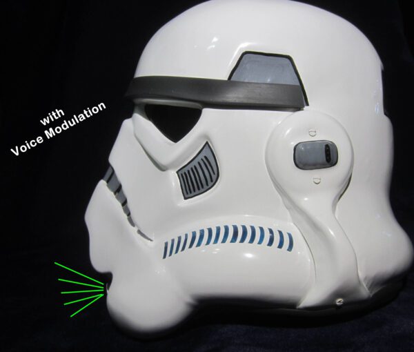 A white stormtrooper helmet with green lasers coming out of the ear.