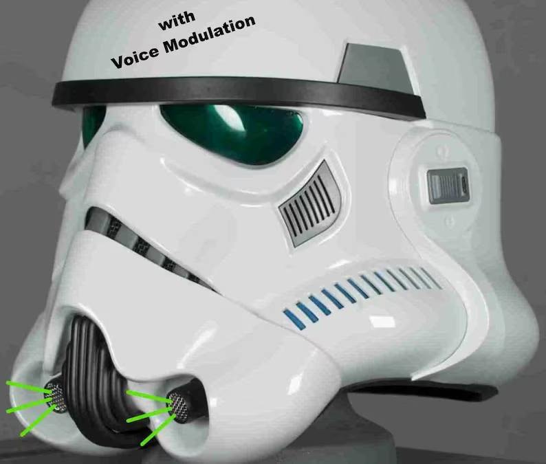 A close up of the helmet with the words " voice modulation ".