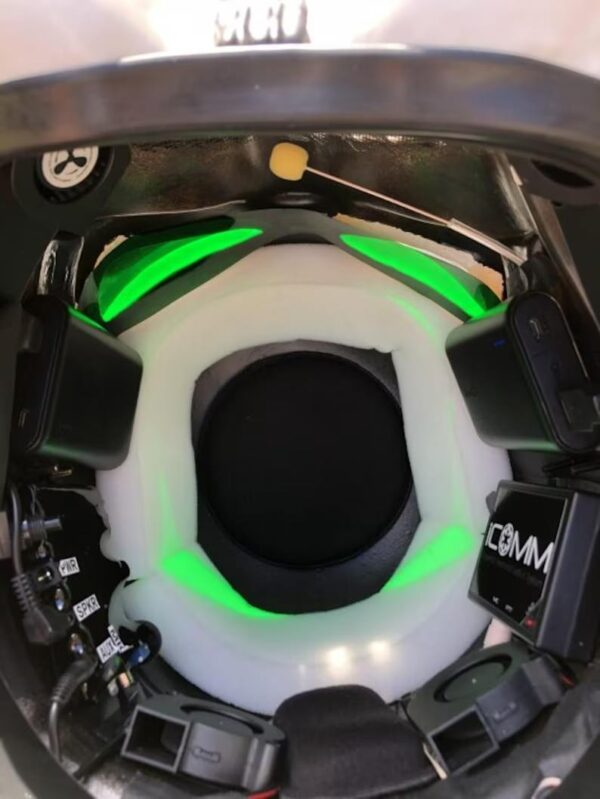 A close up of the inside of a helmet