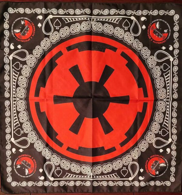 A red and black star wars bandana with the symbol for galactic empire.