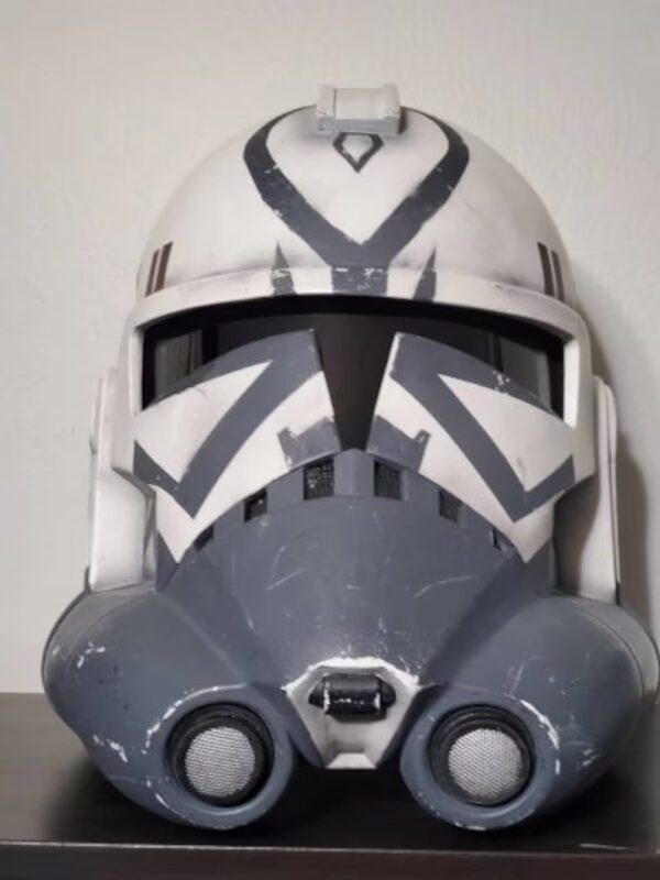 A close up of the helmet on display